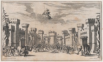 A city under siege with elephants and soldiers throughout; Mars looking down from above; set design from 'Il Pomo D'Oro' MET DP874693