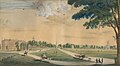 View of the Cambridge Common, ca. 1808–09, with Harvard College on the left and Christ Church on the right.
