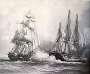 Confiance raking Kent, which just missed her maneuver, and preparing to come alongside. Engraving by Léon Morel-Fatio.