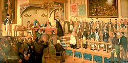 A 20th century oil painting depicting the signing of the Act of Independence of Central America