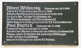 Commemorative plaque in Gransee in memory of priests Albert Willimsky and Paul Bartsch, who spoke for Polish forced labourers in times of nazism