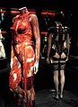 Designs resembling the human muscle and circulatory systems worn by Mylène Farmer (left) and torsolette, or "merry widow" undergarments (right)