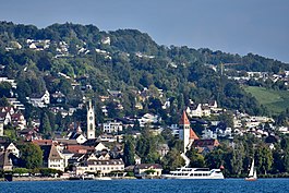 Küsnacht and Küsnachter Tobel, as seen from ZSG ship MS Helvetia on Lake Zurich in Switzerland