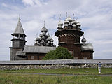 A "wooden miracle" of Kizhi, part of an ensemble of wooden churches, chapels and houses. It is one of the most popular tourist destinations in Russia and an UNESCO World Heritage Site.