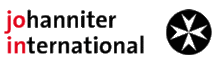 The words "johanniter international" in black lower-case text, with the initial letters J-O and I-N in red. To the right is a white Maltese cross in a black circle
