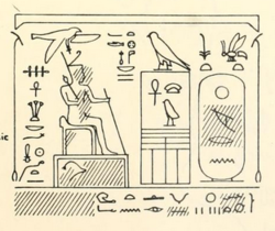 Drawing in black ink showing a man holding a staff seated in front of hieroglyphs