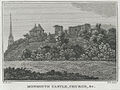 Monmouth Castle and St Mary's Priory Church, black and white print on engraving, 1800