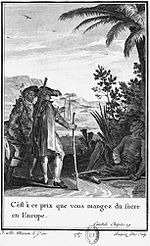 1787 illustration of Candide and Cacambo meeting a maimed slave of the sugar mill near Surinam. Drawing by Jean-Michel Moreau; etching by Pierre-Charles Baquoy