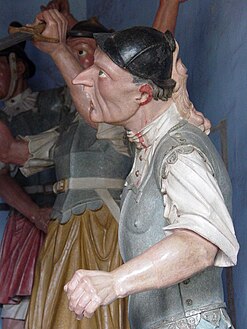 Römischer Soldat, der Jesus Christus während seiner Dornenkrönung verspottet, Skulptur von Aleijadinho