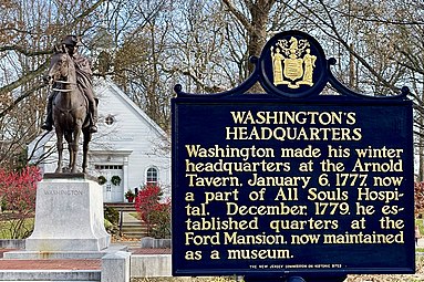 Washington's Headquarters information sign by the statue