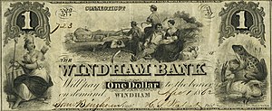 A greenish-hued $1 Windham Bank banknote from 1862