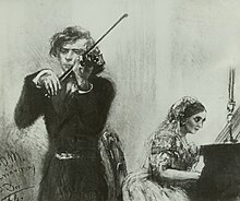 A violinist and a pianist playing, with her sitting at the piano partly shown on the right, while he plays towards the left, more in the foreground