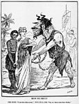 Political cartoon from 1900 depicting Australia as an ogre and referencing its origins as a penal colony