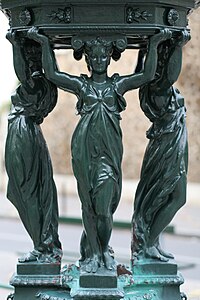 Neoclassical caryatids of a Wallace fountain in Place Moussa-et-Odette-Abadi, Paris, designed by Richard Wallace and produced by Charles-Auguste Lebourg, late 19th century