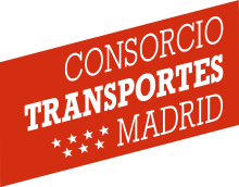 A red parallelogram slanted so that the right side is slightly higher than the left and with the fully-capitalized text "CONSORCIO TRANSPORTES MADRID" written in flush right serif font, each word on a separate line, and slanted with the parallelogram. The word "TRANSPORTES" is bolded and there are 7 small stars to the left of the word "MADRID", aligned into two rows of 4 and 3 stars each respectively.