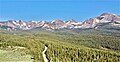 Looking west to the Continental Divide. Left to rightː Navajo Peak, Apache Peak, Shoshoni Peak, Pawnee Peak (centered), Mount Toll, Mount Audubon.