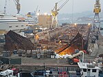 The wreck in its final stage of demolition in drydock No. 4 Genoa, 10 January 2017