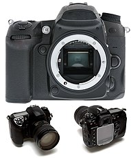 Neutral image of a digital camera, with a view of the image sensor (without lens), bottom with lens (left) and camera back (right).