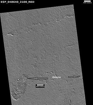 Lava flows affected by obstacles, as seen by HiRISE under HiWish program. Arrows show two obstacles that are changing the flow.