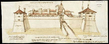 In 1593 Philip II of Spain built a citadel around the Aljafería, as seen in this 16th-century drawing.[13]