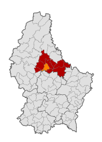 Map of Luxembourg with Ettelbruck highlighted in orange, and the canton in dark red