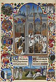 Page of Très Riches Heures du Duc de Berry depictic the funeral of Raymond Diocrès; 1411-1416 and 1485–1486; tempera on vellum; height: 29 cm, width: 21 cm; Condé Museum (Chantilly, France)