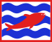 red fish on alternating blue and white wavy horizontal stripes