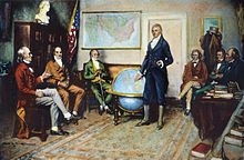 Illustration of a Monroe cabinet meeting