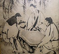 Detail of The Four Accomplishments, by Kanō Eitoku. One of six folding screens: ink on paper. Shows people playing go.