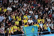 A crowd with the flag of Kazakhstan
