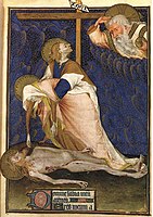 An individual Lamentation from the Rohan Hours. The grieving Virgin cannot be consoled by the Apostle John, who looks up in consternation at a saddened God.