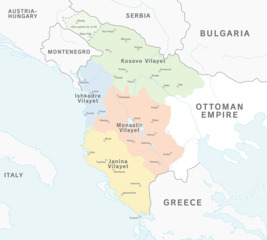 The 4 Ottoman vilayets (Kosovo, Scutari, Monastir and Ioannina), proposed to form the Albanian Vilayet.