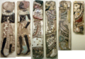 Ramesses III prisoner tiles: Inlay figures, faience and glass, of "the traditional enemies of Ancient Egypt" from Medinet Habu, at the Museum of Fine Arts, Boston. From left: 2 Nubians, Philistine, Amorite, Syrian, Hittite