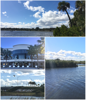 From top (left to right): Palm Bay, Palm Bay City Hall, Palm Bay overpass sign on I-95, and Turkey Creek