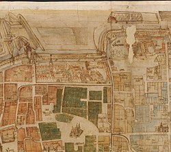 Location of the monastery in the city of Regensburg on a city map section from 1700 (Obermünster in the upper center of the picture, right monastery area)