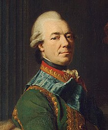 An oil-painted portrait of a Caucasoid man: he is looking to the observer's left, wearing a "green robe with red spreads and stripes".
