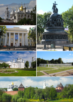 Counter-clockwise from top right: the Millennium of Russia, cathedral of St. Sophia, the fine arts museum, St. George's Monastery, the Kremlin, Yaroslav's Court