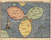 The Bünting cloverleaf map. A 1581 woodcut, Magdeburg. Jerusalem is in the center, surrounded by Europe, Asia and Africa.