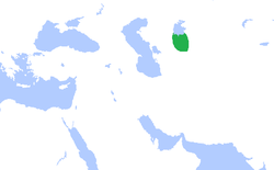 Map showing the territory ruled by the Afrighid dynasty (highlighted in green), abutting the southern shore of the (former) Aral Sea