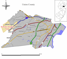 Location of Berkeley Heights in Union County highlighted in yellow (left). Inset map: Location of Union County in New Jersey highlighted in black (right).