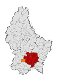 Map of Luxembourg with Bertrange highlighted in orange, and the canton in dark red