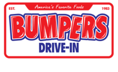 The words "Bumpers Drive-In" in a license plate style logo with the words "Americas Favorite Foods' on top.