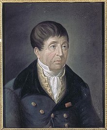 Painting of an ageing man with short brown hair in a blue jacket, facing right.