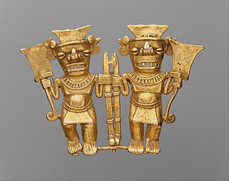 Pre-Columbian pendant with two bat-head warriors who carry spears, 11th–16th century, gold, Metropolitan Museum of Art