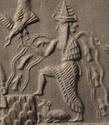 Ea or Enki, depicted on a cylinder seal with streams of fish spouting from his shoulders. Refer to caption