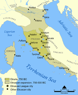 Extent of Etruscan civilization and the twelve Etruscan League cities.