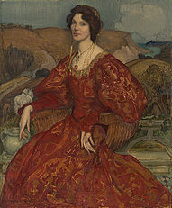 Sybil Waller in a Red and Gold Dress