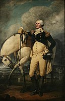 American General George Washington stands in front of a white horse, with Bowling Green and the Battery in the background, on Evacuation Day, November 25, 1783