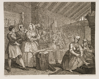 From A Harlot's Progress, 1732. The background prisoners include a pregnant black woman, perhaps a prostitute.