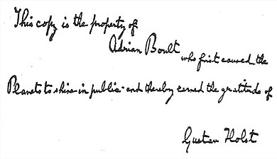 inscription in black ink reading "This copy is the property of Adrian Boult who first caused the Planets to shine in public and thereby earned the gratitude of Gustav Holst."